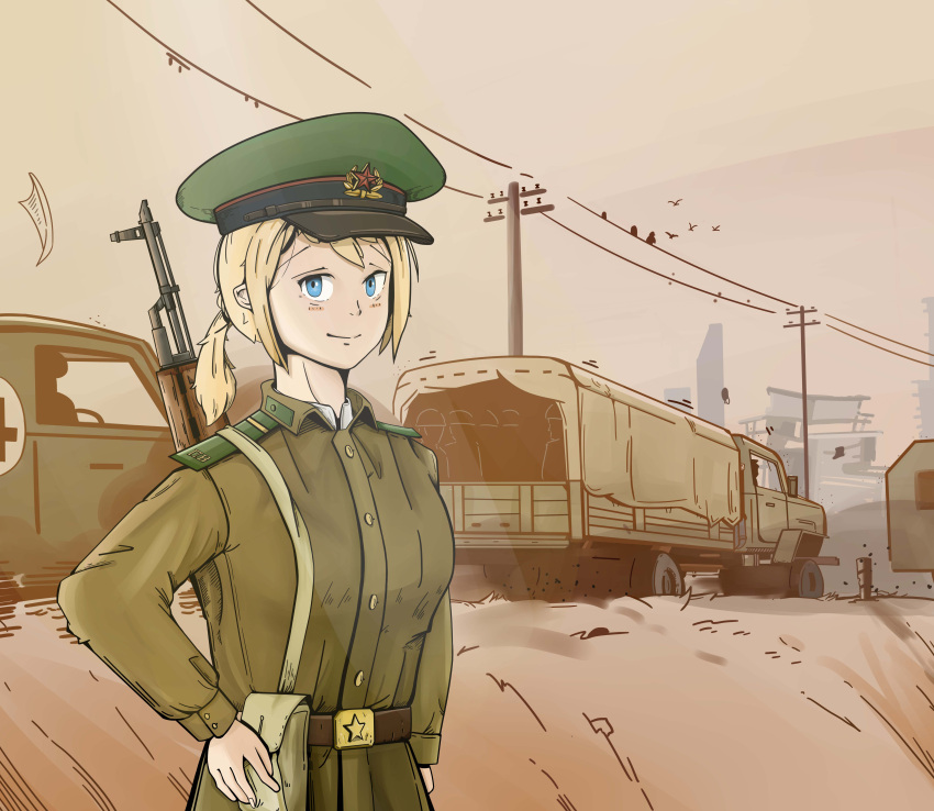 1girl 6+others absurdres akm ambulance arm_at_side army assault_rifle belt belt_buckle bird black_headwear blonde_hair blue_eyes brown_belt brown_jacket buckle building buttons car closed_mouth collar_tabs collared_jacket commentary_request cross day dirt epaulettes green_headwear ground_vehicle gun hand_on_hip hat hat_ornament highres holster jacket johnsuna kalashnikov_rifle long_sleeves looking_at_viewer military military_hat military_uniform military_vehicle motion_lines motor_vehicle multiple_others original outdoors paper peaked_cap people ponytail power_lines red_star rifle sepia_background shirt short_hair sling smile solo solo_focus soviet soviet_border_troops star_(symbol) star_hat_ornament truck two-tone_headwear uniform upper_body utility_pole war_in_afghanistan weapon weapon_on_back white_shirt