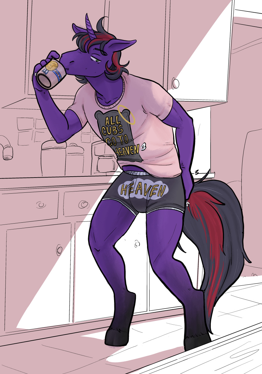 absurd_res anthro boxers_(clothing) bulge clothing drinking equid equine fan_character friendship_is_magic half-closed_eyes hasbro heckie hi_res horn inside kitchen looking_at_viewer male mammal mug my_little_pony narrowed_eyes scratching_butt shirt slimshod solo standing suggestive_shirt topwear underwear unicorn