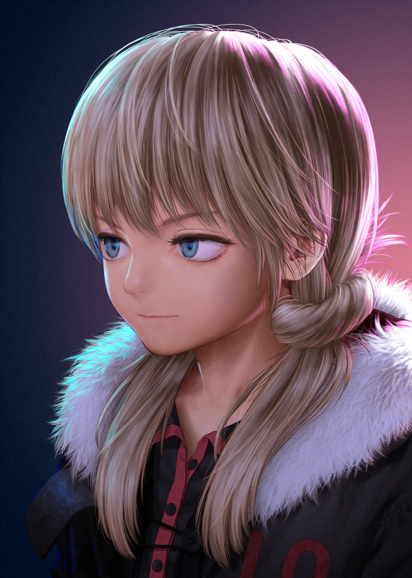 1girl bangs blonde_hair blue_eyes commentary_request fur-trimmed_jacket fur_trim hair_knot highres jacket original portrait rustle simple_background solo