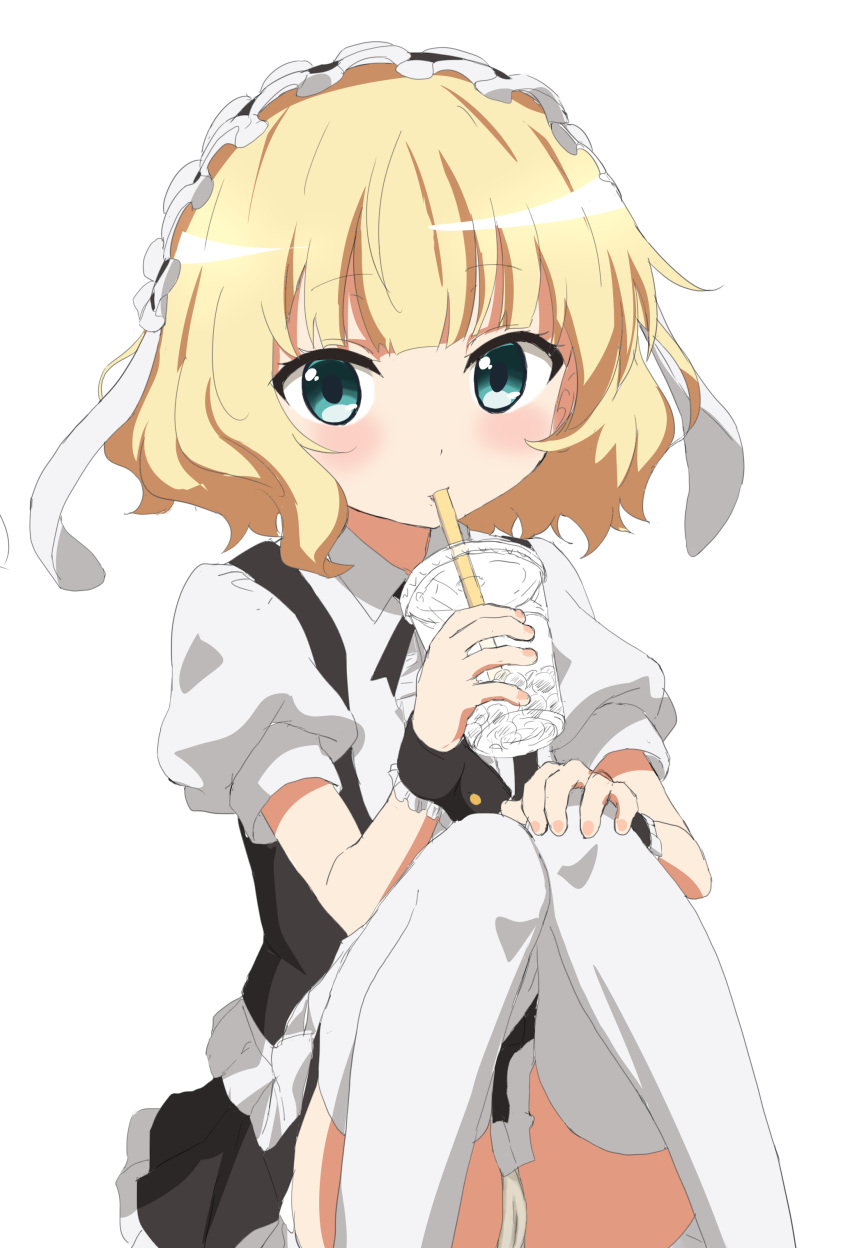 1girl absurdres blonde_hair blue_eyes cameltoe cup disposable_cup drinking drinking_straw fleur_de_lapin_uniform gochuumon_wa_usagi_desu_ka? highres kirima_syaro looking_at_viewer maid maid_headdress panties pantyshot short_hair simple_background sincos solo underwear wavy_hair white_background white_panties wrist_cuffs