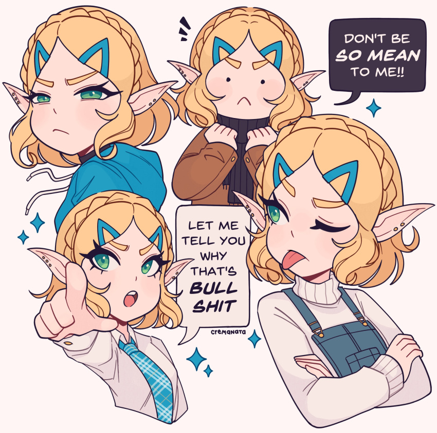 2021 absurd_res angry blonde_hair clothing cremanata dialogue english_text female green_eyes hair hi_res humanoid humanoid_pointy_ears hylian light_body light_skin looking_at_viewer nintendo not_furry one_eye_closed open_mouth princess_zelda profanity signature simple_background solo speech_bubble text the_legend_of_zelda tongue tongue_out