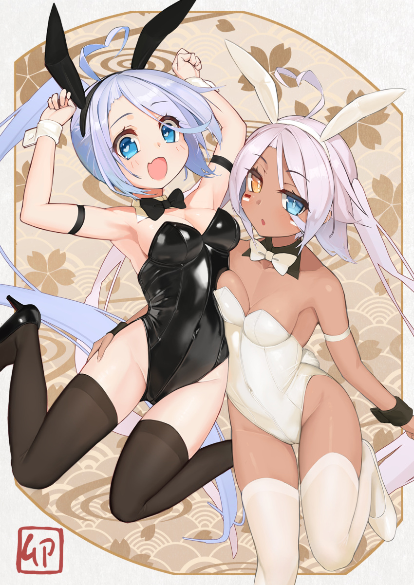 2girls :d :o ahoge alternate_costume animal_ears arm_strap arms_up azur_lane bangs bare_shoulders black_bow black_bowtie black_footwear black_leotard black_thighhighs blue_eyes bow bowtie breasts bunny_pose chinese_zodiac cleavage collarbone commentary_request covered_navel dark-skinned_female dark_skin detached_collar facepaint fake_animal_ears fake_tail fang grey_hair groin hair_between_eyes heart heart-shaped_pupils heart_ahoge heterochromia high_heels highleg highleg_leotard highres indianapolis_(azur_lane) leotard long_hair looking_at_viewer medium_breasts multiple_girls open_mouth playboy_bunny portland_(azur_lane) rabbit_ears rabbit_tail side_ponytail sidelocks skin_fang skindentation small_breasts smile strapless strapless_leotard symbol-shaped_pupils tail thighhighs traditional_bowtie very_long_hair white_bow white_bowtie white_leotard white_thighhighs wrist_cuffs year_of_the_rabbit yellow_eyes yohia