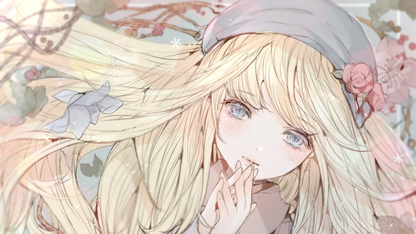 1girl beret blonde_hair blue_eyes blue_headwear blurry closed_mouth colored_eyelashes depth_of_field dot_nose dutch_angle eyelashes floating_hair flower flower_request hat hat_flower komirihikku leaf lips long_hair looking_at_viewer original own_hands_together pale_color pastel_colors pink_flower pink_rose rose solo traditional_media upper_body