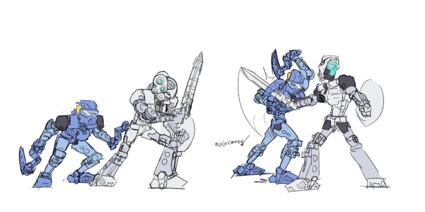 armor battle bionicle blue_body blue_eyes digital_drawing_(artwork) digital_media_(artwork) duo fight fingers gali holding_object holding_weapon hooks humanoid jujucomet kopaka lego looking_at_another machine mask melee_weapon mouthless not_furry robot shield simple_background standing sword toa training weapon white_body yellow_eyes