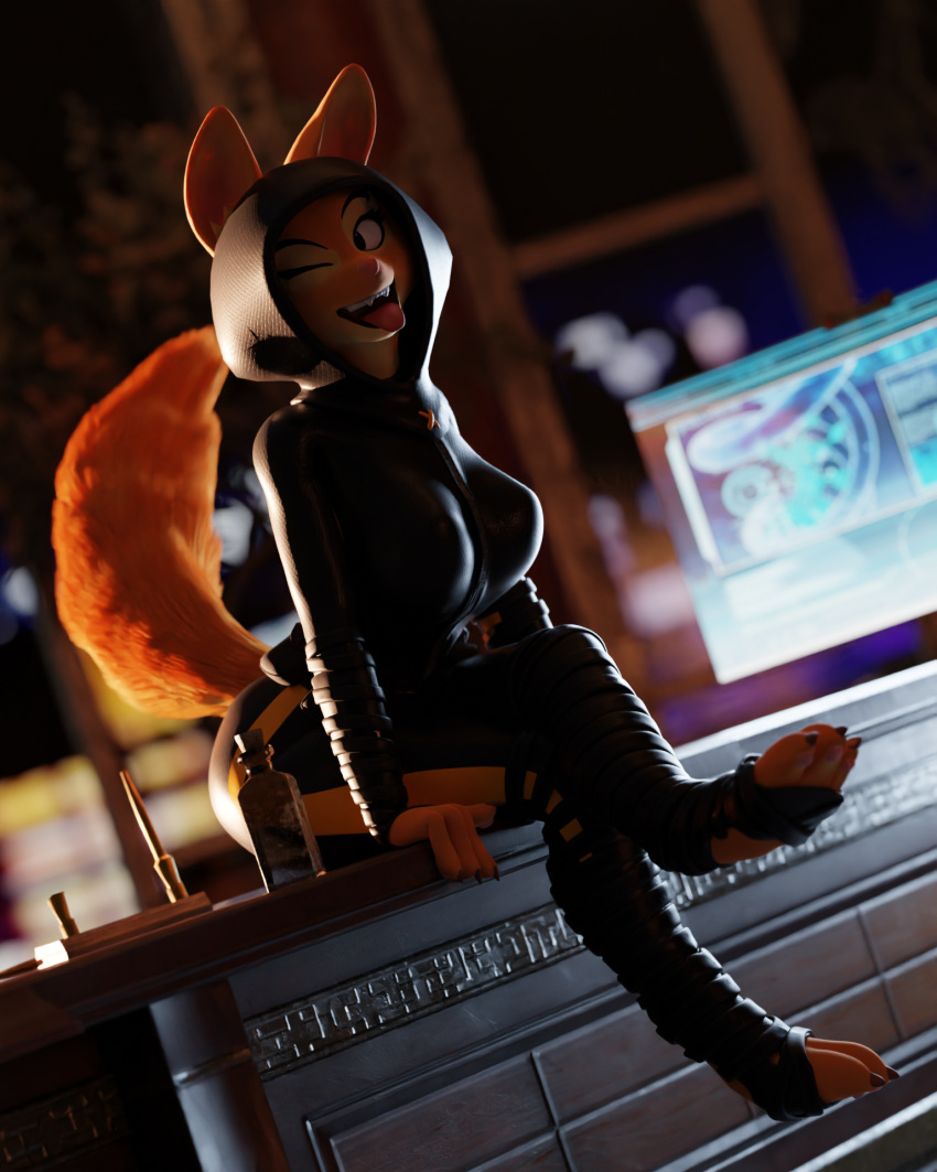 anthro backlighting blender_(software) canid canine city cityscape claws clothed clothing computer_monitor costume crossed_legs depth_of_field desk diane_foxington digitigrade dreamworks ears_through_headwear female fever-dreamer finger_claws fluffy fluffy_tail foot_wraps footwear fox fur furniture furromantic hi_res hood inside laugh light lighting looking_at_viewer mammal night ninja office one_eye_closed orange_body orange_fur pink_nose sitting smile solo table tail the_bad_guys the_crimson_paw toe_claws tongue tongue_out warrior wink winking_at_viewer wraps