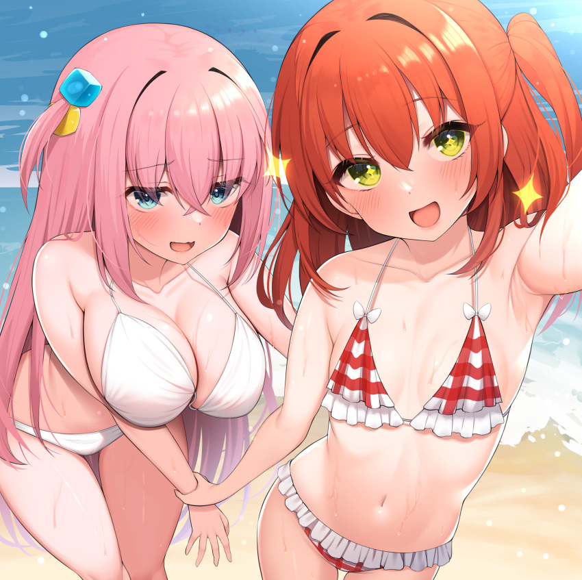 2girls :d absurdres alternate_costume arm_up armpits bare_arms bare_shoulders beach bikini blue_eyes blush bocchi_the_rock! breasts cowboy_shot cube_hair_ornament frilled_bikini frills gotou_hitori green_eyes hair_ornament highres holding_another's_wrist kita_ikuyo large_breasts long_hair looking_at_viewer multiple_girls navel ocean one_side_up open_mouth outdoors outstretched_arm pink_hair red_bikini red_hair selfie small_breasts smile standing stomach string_bikini suzutarou_gunsou swimsuit thighs wet white_bikini