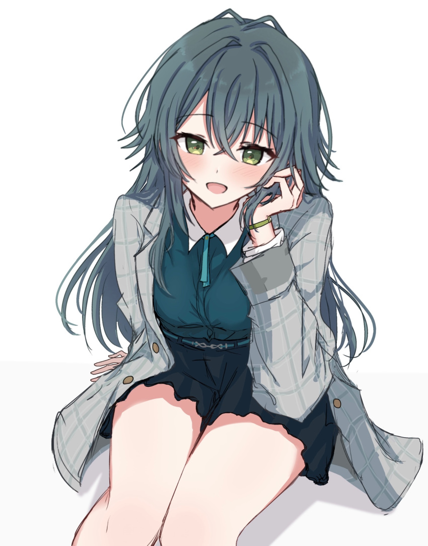 1girl :d antenna_hair arm_support black_skirt blush breasts buttons coat collared_shirt cowboy_shot crossed_bangs dot_nose g6yttsey3z8dryd gakuen_idolmaster green_eyes green_hair green_shirt grey_coat hair_between_eyes hair_flaps hand_up highres idolmaster long_hair long_sleeves looking_at_viewer medium_breasts miniskirt open_clothes open_coat open_mouth plaid_clothes plaid_coat shadow shirt sidelocks simple_background sitting skirt smile solo thighs tsukimura_temari very_long_hair watch white_background wristwatch