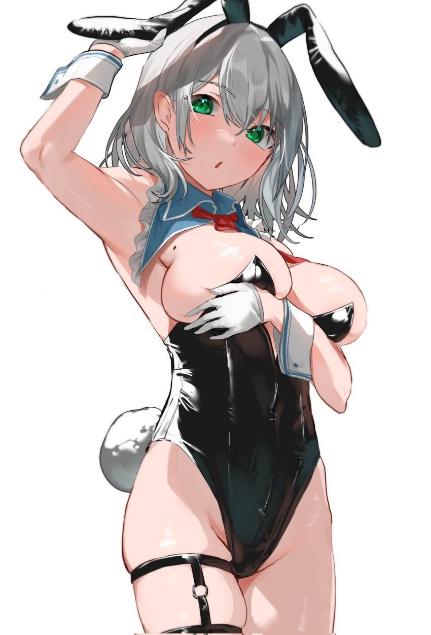 1girl :o animal_ears arm_up bangs black_leotard blue_collar blush bow breast_press breasts cleavage collar detached_collar eyebrows_hidden_by_hair gloves green_eyes grey_hair hair_behind_ear highres hololive large_breasts legs legwear_garter leotard looking_at_viewer medium_hair mole mole_on_breast open_mouth playboy_bunny rabbit_ears rabbit_girl rabbit_tail red_bow shirogane_noel strapless strapless_leotard tail takeno_omoti thighs virtual_youtuber white_gloves wrist_cuffs