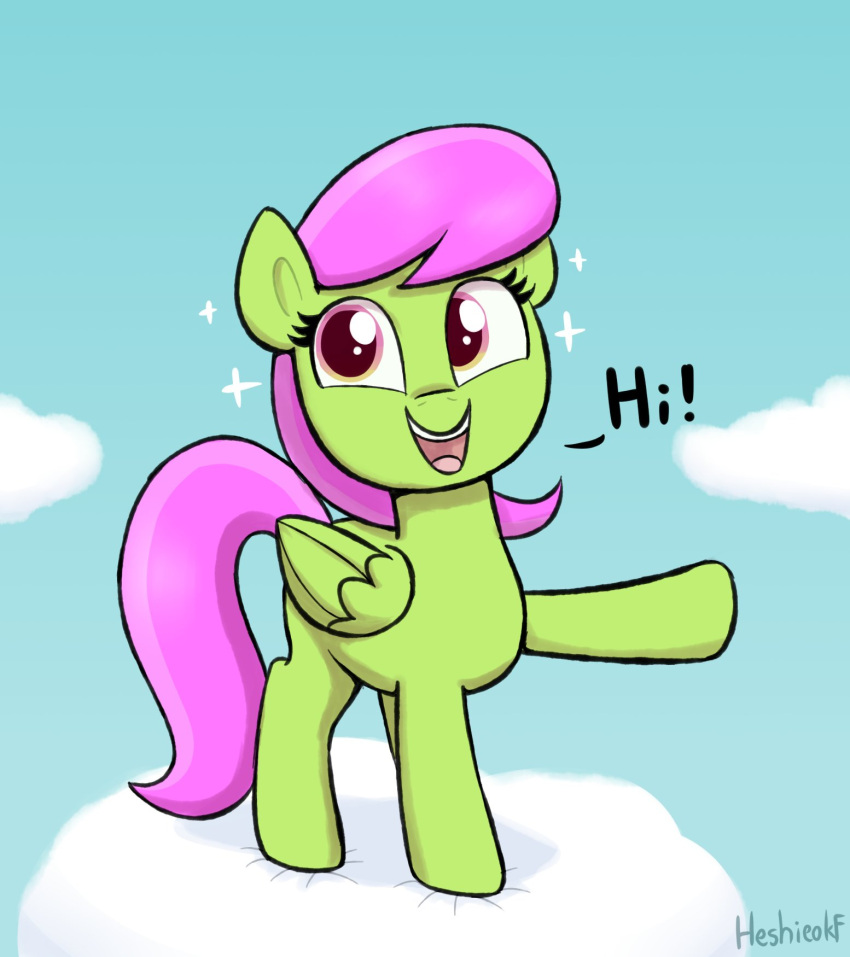 cloud digital_media_(artwork) equid equine eyelashes feathered_wings feathers female feral folded_wings friendship_is_magic green_body green_feathers hair happy hasbro heretichesh hi_res mammal merry_may_(mlp) my_little_pony open_mouth open_smile pegasus pink_eyes pink_hair pink_tail smile tail wings