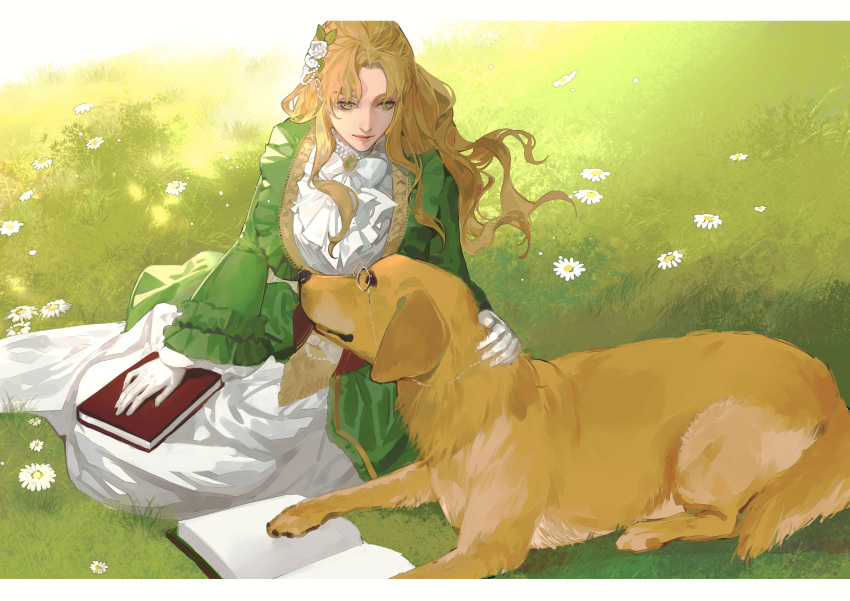 1girl absurdres audrey_hall blonde_hair book brooch day dog dress flower glasses gloves golden_retriever green_dress green_eyes hair_flower hair_ornament highres holding holding_book jewelry lips long_dress long_hair looking_at_animal lord_of_the_mysteries on_grass open_book outdoors pet petting shaded_face susie_(lord_of_the_mysteries) white_gloves yinyoushirenmaotouying