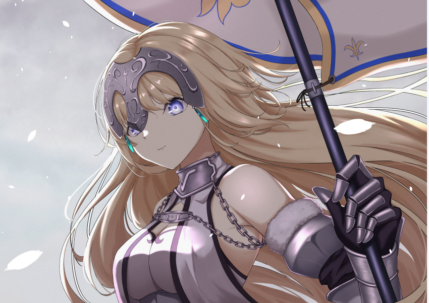1girl absurdres blonde_hair blue_eyes breasts chain detached_sleeves fate/grand_order fate_(series) flag fleur-de-lis gauntlets headpiece highres holding holding_flag jeanne_d'arc_(fate) jeanne_d'arc_(third_ascension)_(fate) large_breasts leaf long_hair sou_skate714 upper_body
