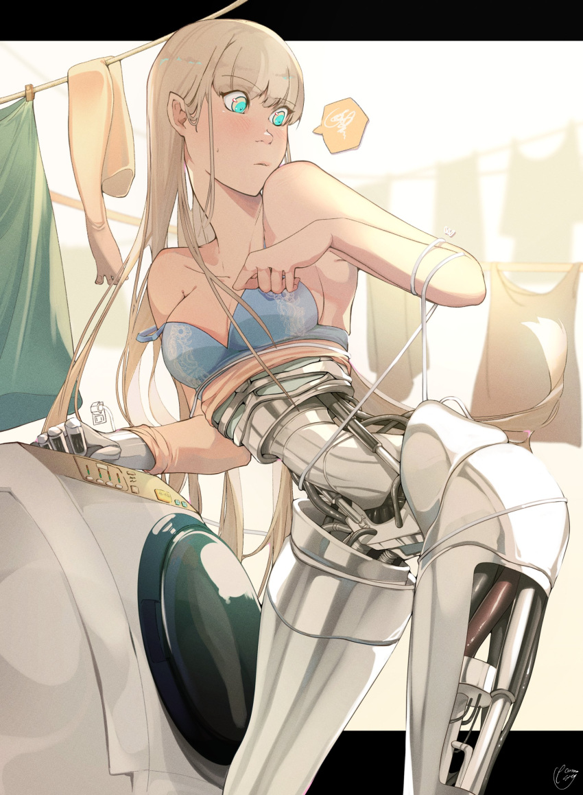 1girl absurdres android blonde_hair blue_bra blue_eyes blush bra breasts cleavage entangled highres long_hair mechanical_parts medium_breasts mixed-language_commentary oh_ec0m0esty original pointy_ears signature solo spoken_squiggle squiggle strap_slip sweatdrop underwear underwear_only