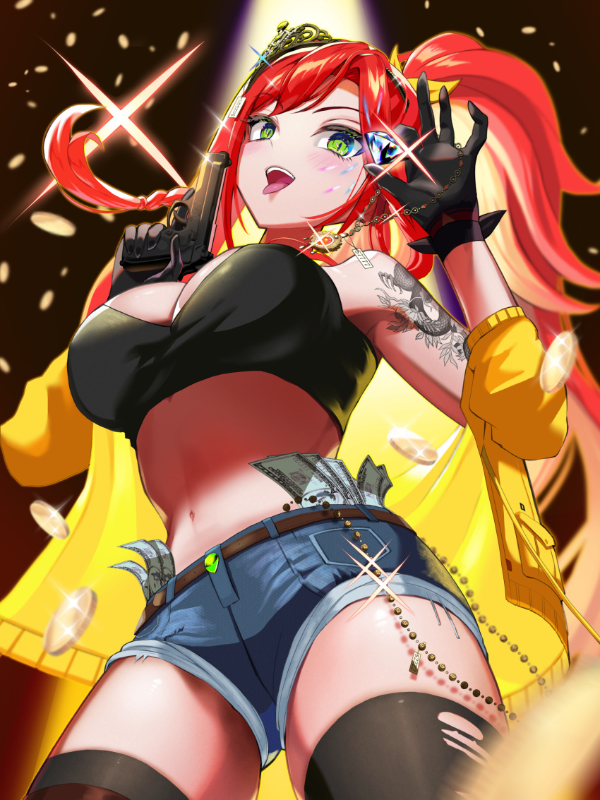 1girl absurdres arm_tattoo black_gloves black_tank_top black_thighhighs breasts coin commission crop_top denim denim_shorts diamond_(gemstone) elly_(vtuber) gem gloves green_eyes gun hair_ribbon highres holding holding_gem holding_gun holding_weapon indie_virtual_youtuber jacket jewelry large_breasts long_hair money money_tuck navel necklace off_shoulder price_tag red_gemstone red_hair ribbon shorts skeb_commission tank_top tattoo thighhighs tiara tongue tongue_out torn_clothes torn_thighhighs weapon yellow_jacket yellow_ribbon yuarima2