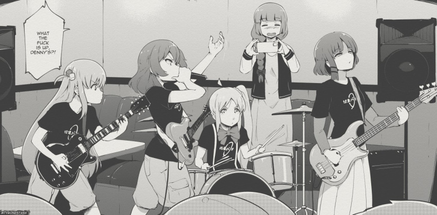5girls bass_guitar black_shirt bocchi_the_rock! booth_seating character_request cube_hair_ornament denny's dress drum drum_set electric_guitar fender_precision_bass gibson_les_paul gotou_hitori guitar hair_ornament holding holding_phone indoors instrument meme microphone multiple_girls music phone playing_instrument profanity restaurant shirt speech_bubble tyrone