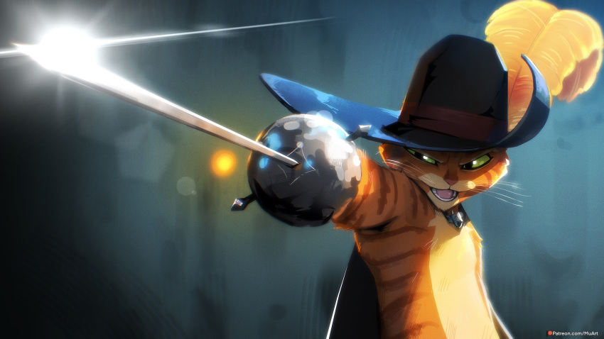 1boy :3 animal_nose arm_up artist_name black_cape black_eyes black_headwear blue_background body_fur cape cat_boy cavalier_hat colored_sclera commentary derivative_work english_commentary feathers furry furry_male glint green_sclera half-closed_eyes hat_feather highres holding holding_sword holding_weapon male_focus muart242 multicolored_fur open_mouth orange_fur outstretched_arm patreon_logo patreon_username puss_in_boots puss_in_boots:_the_last_wish puss_in_boots_(shrek) rapier screencap_redraw simple_background solo standing striped_fur sword teeth tongue upper_body watermark weapon web_address whiskers yellow_feathers yellow_fur