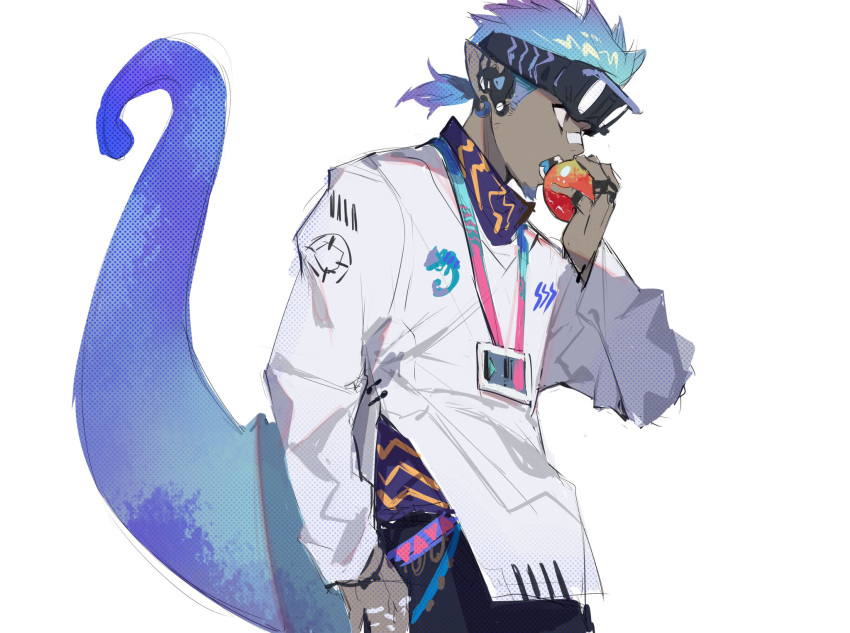 1boy aqua_hair arknights blue_hair blue_tongue chameleon_tail colored_tongue dark-skinned_male dark_skin eating ethan_(arknights) facial_hair facial_mark food from_side goatee goggles goggles_on_head grey_eyes highres holding holding_food huan_shi_tian_tong id_card lanyard lizard_tail long_sleeves male_focus multicolored_hair nose_tape open_mouth ponytail profile reptile_boy short_ponytail simple_background solo tail white_background