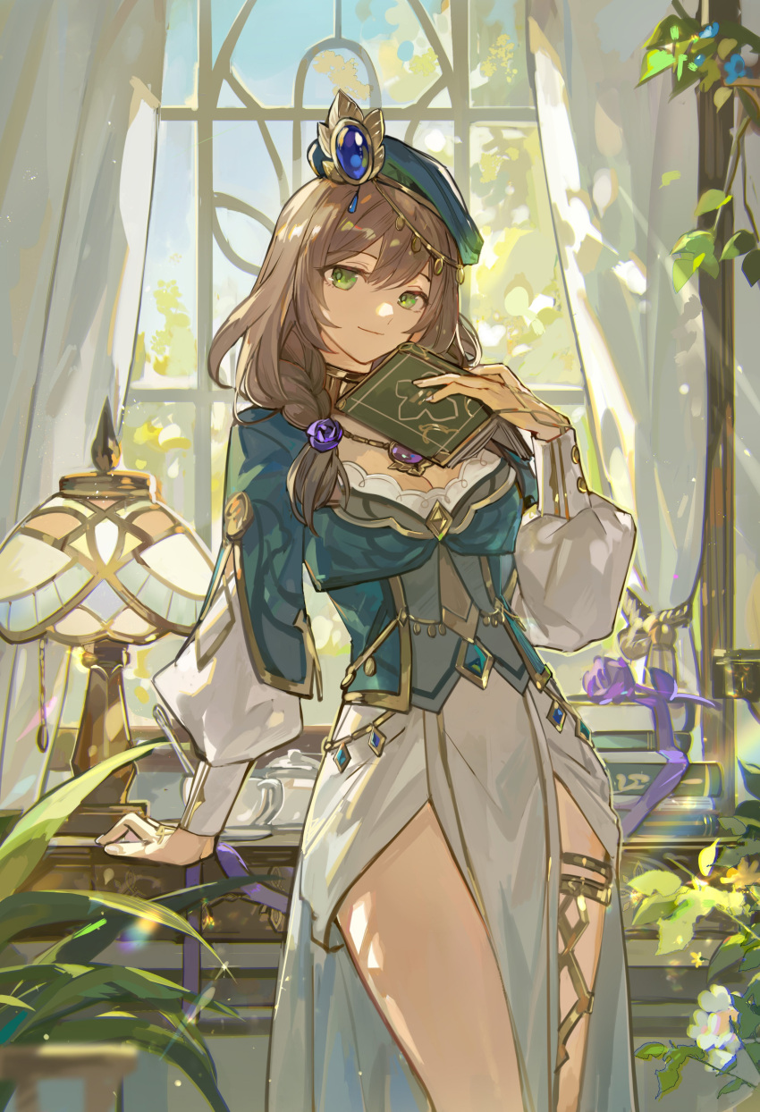 absurdres arm_support bangs blue_gemstone braid braided_ponytail breasts brown_hair circlet cleavage closed_mouth curtains day flower gem genshin_impact green_eyes green_headwear hair_flower hair_ornament hair_over_shoulder hand_up hat head_tilt highres indoors jewelry lamp lisa_(a_sobriquet_under_shade)_(genshin_impact) lisa_(genshin_impact) long_sleeves medium_breasts mento official_alternate_costume pelvic_curtain plant puffy_long_sleeves puffy_sleeves purple_flower purple_rose rose short_braid skirt smile thighlet thighs white_flower white_skirt window