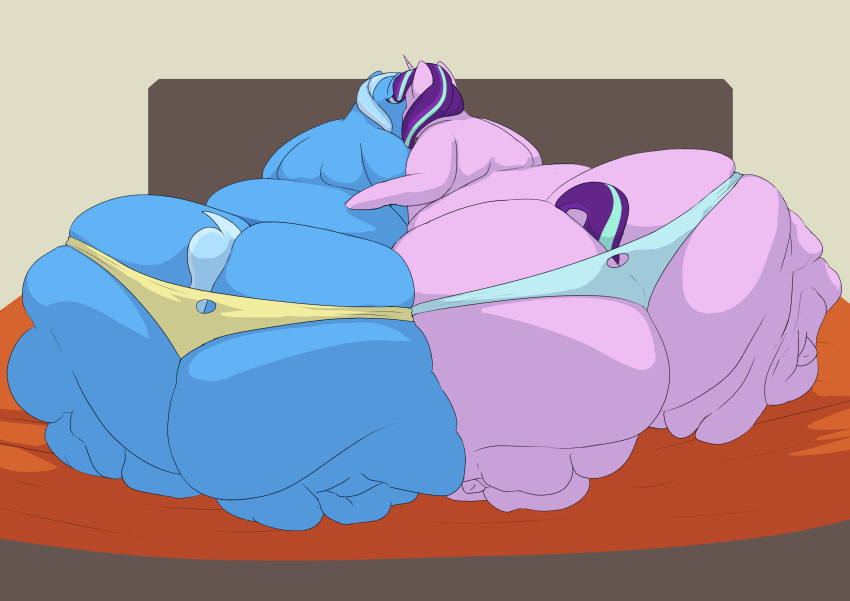 absurd_res alternate_version_at_source big_butt blue_body blue_hair blue_tail butt clothing digital_media_(artwork) duo equid equine female feral friendship_is_magic hair hasbro hi_res horn huge_butt huge_thighs hyper hyper_butt hyper_hips hyper_thighs lupin-quill mammal morbidly_obese morbidly_obese_female morbidly_obese_feral multicolored_hair my_little_pony obese obese_female obese_feral overweight overweight_female overweight_feral panties pink_body starlight_glimmer_(mlp) tail thick_thighs trixie_(mlp) two_tone_hair two_tone_tail underwear unicorn