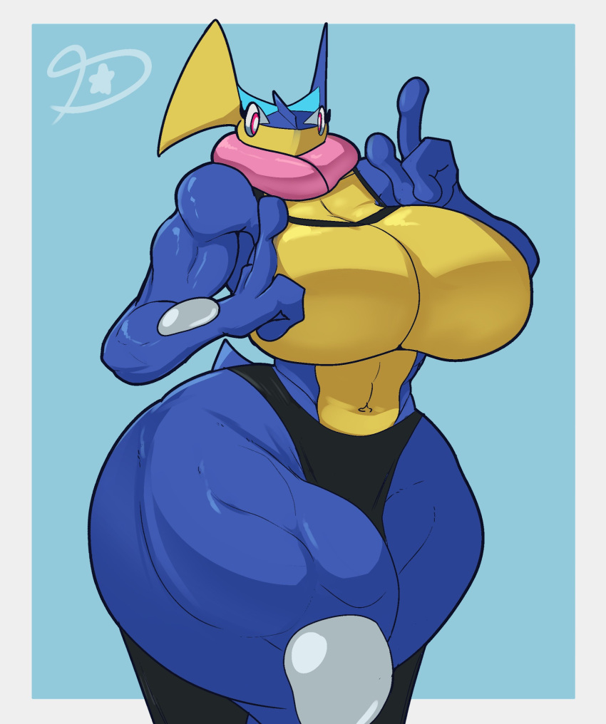 2023 absurd_res amphibian anthro big_breasts blue_body breasts curvy_figure digital_media_(artwork) dreamerknight featureless_breasts female frog generation_6_pokemon greninja hi_res huge_hips muscular muscular_anthro muscular_female muscular_thighs navel nintendo pokemon pokemon_(species) pokemorph solo thick_thighs voluptuous wide_hips