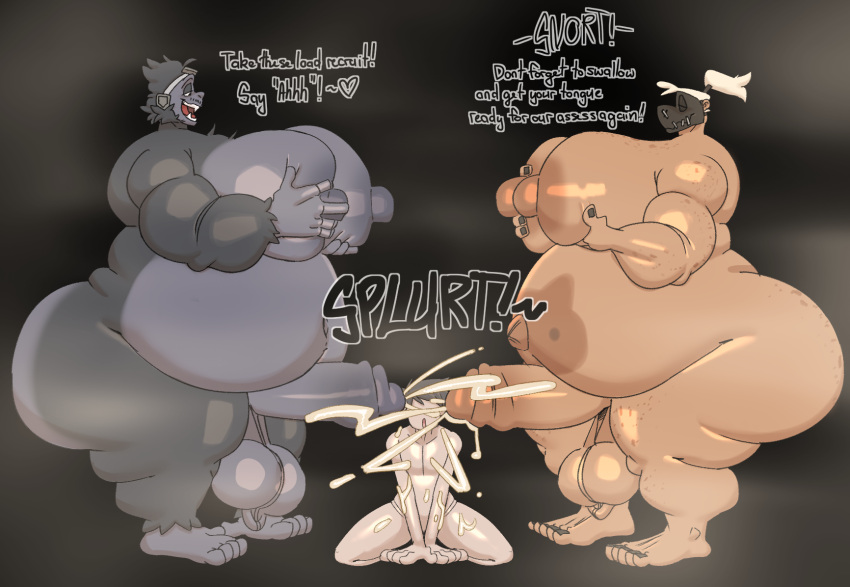 anon anthro ape balls belly belly_overhang belly_tattoo between_penises big_butt black_hair blizzard_entertainment bodily_fluids bukkake butt cum cum_on_body cumshot dialogue ejaculation fondling genital_fluids genitals glistening glistening_moobs gorilla grey_body group hair haplorhine hi_res huge_butt human humanoid_genitalia kneeling male male/male mammal moob_grab moobs musk nipples overwatch overweight overweight_anthro overweight_human overweight_male primate ramsacked roadhog_(overwatch) saggy_balls self_fondle sex standing standing_sex tattoo text thick_thighs trio white_hair winston_(overwatch)