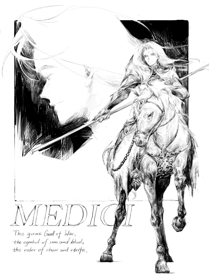 1boy 54534390 angel cavalry character_name english_text facial_mark forehead_mark highres holding holding_polearm holding_weapon horse lips long_hair looking_to_the_side lord_of_the_mysteries medici_(lord_of_the_mysteries) monochrome polearm riding smile tattoo weapon white_background wind