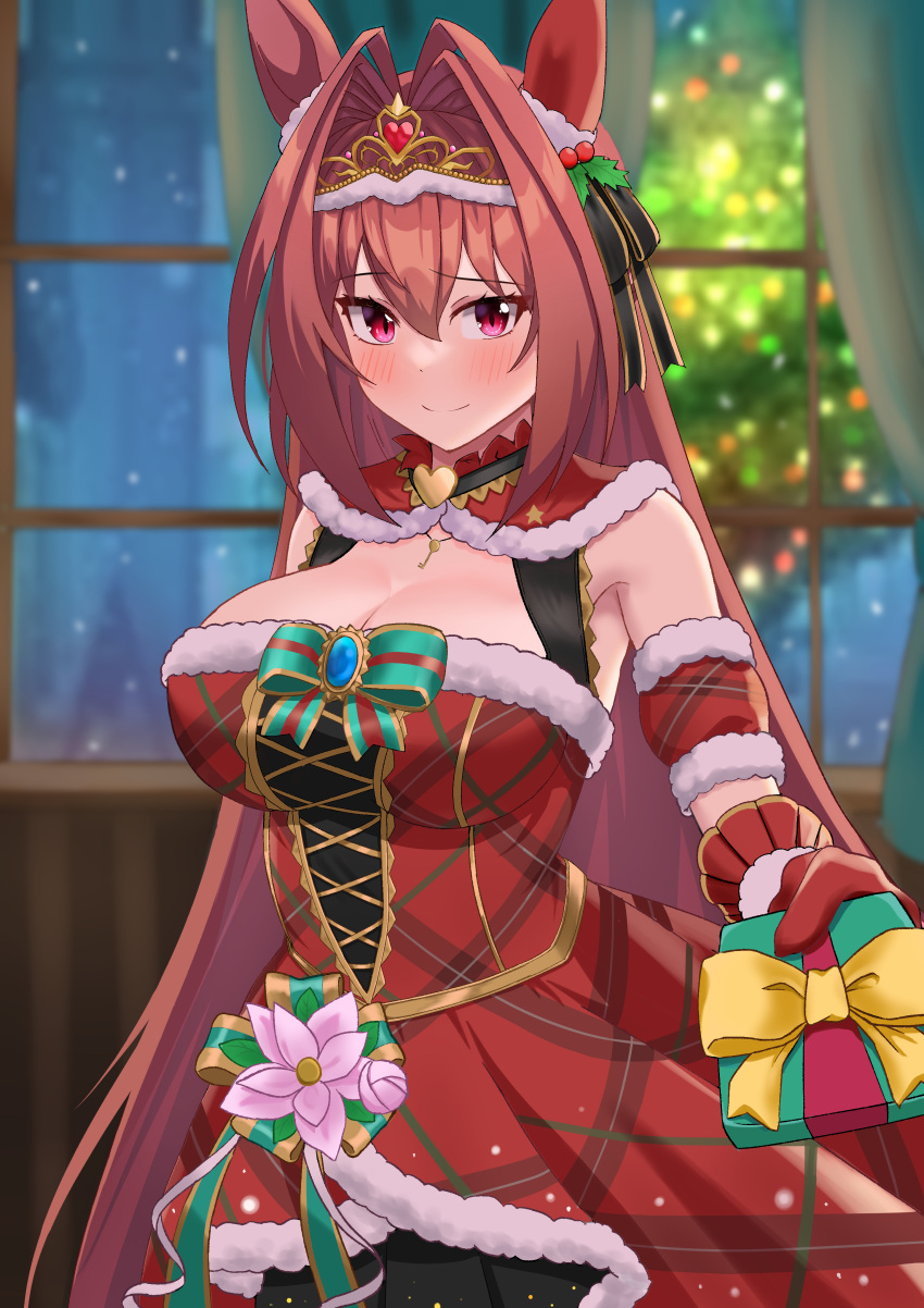 1girl absurdres animal_ears armpit_peek box breasts capelet cleavage commentary_request cowboy_shot daiwa_scarlet_(scarlet_nuit_etoile)_(umamusume) daiwa_scarlet_(umamusume) dress ear_covers fur-trimmed_dress fur_trim gift gift_box gloves hair_ornament highres horse_ears horse_girl illuminate_the_heart_(umamusume) large_breasts long_hair looking_at_viewer official_alternate_costume olecafe2 red_capelet red_dress red_eyes red_gloves red_hair solo tiara umamusume very_long_hair