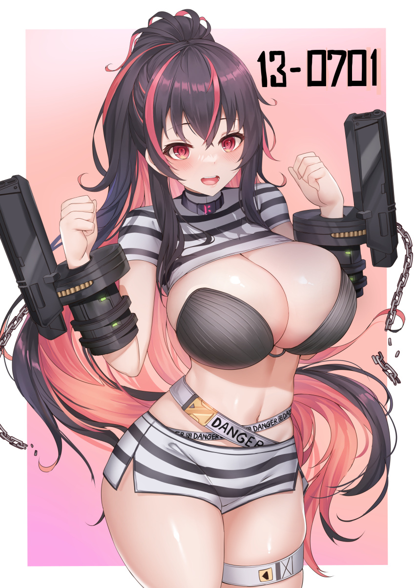 1girl :d absurdres bangs bikini bikini_top_only black_bikini black_collar black_hair blush breasts chain cleavage clenched_hands collar commentary cowboy_shot crossed_bangs cuffs deogho_(liujinzy9854) goddess_of_victory:_nikke hair_between_eyes handcuffs hands_up heart heart-shaped_pupils high_ponytail highres korean_commentary large_breasts long_hair looking_at_viewer midriff multicolored_hair navel o-ring open_mouth pink_background pink_hair ponytail quency_(nikke) red_eyes shackles shirt short_shorts shorts shrug_(clothing) sidelocks skindentation smile snap-fit_buckle solo standing strapless strapless_bikini striped striped_shirt striped_shorts swimsuit symbol-shaped_pupils thigh_strap two-tone_hair