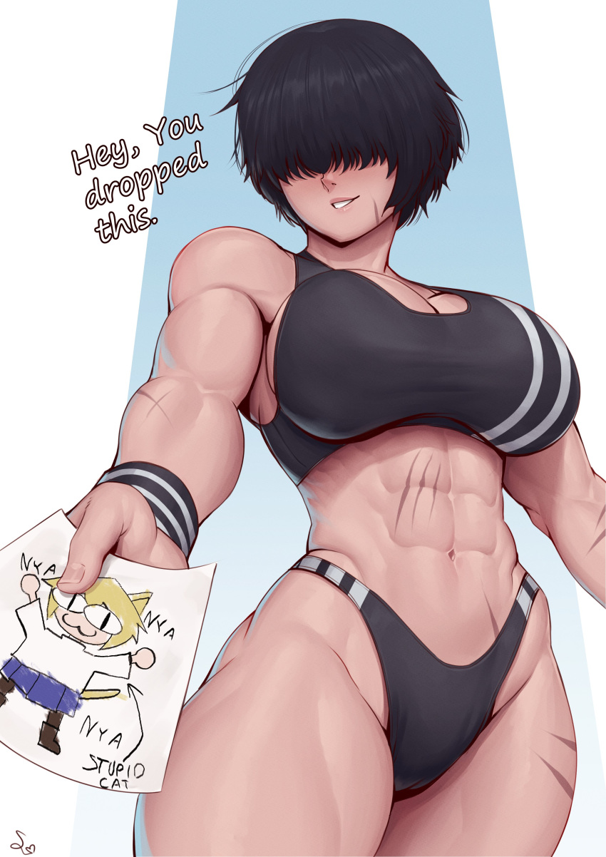 1girl abs absurdres ass_visible_through_thighs black_hair black_panties black_sports_bra breasts cleavage english_text from_below hair_over_eyes highres holding holding_paper large_breasts long_bangs looking_at_viewer muscular muscular_female neco-arc original panties paper quads scar scar_on_face scar_on_stomach short_hair solo speedl00ver sports_bra thighs tomboy tsukihime underwear underwear_only wristband