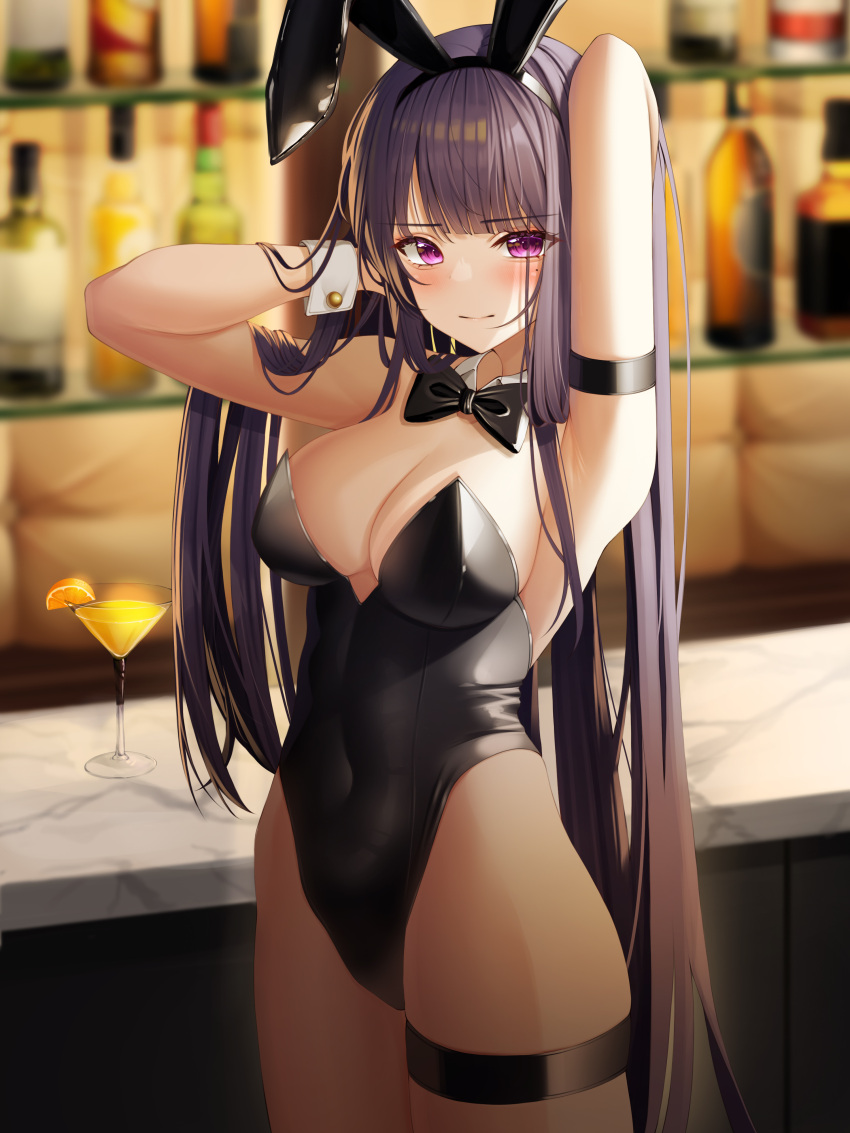 1girl absurdres alternate_costume animal_ears arm_behind_head arm_strap armpits arms_up bar_(place) bare_arms bare_shoulders black_bow black_bowtie black_leotard blurry blurry_background blush bottle bow bowtie breasts cleavage closed_mouth collar counter covered_navel cowboy_shot cup detached_collar drink drinking_glass food fruit genshin_impact highleg highleg_leotard highres hsxxx lemon lemon_slice leotard long_hair looking_at_viewer medium_breasts playboy_bunny purple_eyes purple_hair raiden_shogun shelf solo strapless strapless_leotard thigh_strap thighs very_long_hair white_collar white_wrist_cuffs wing_collar wrist_cuffs