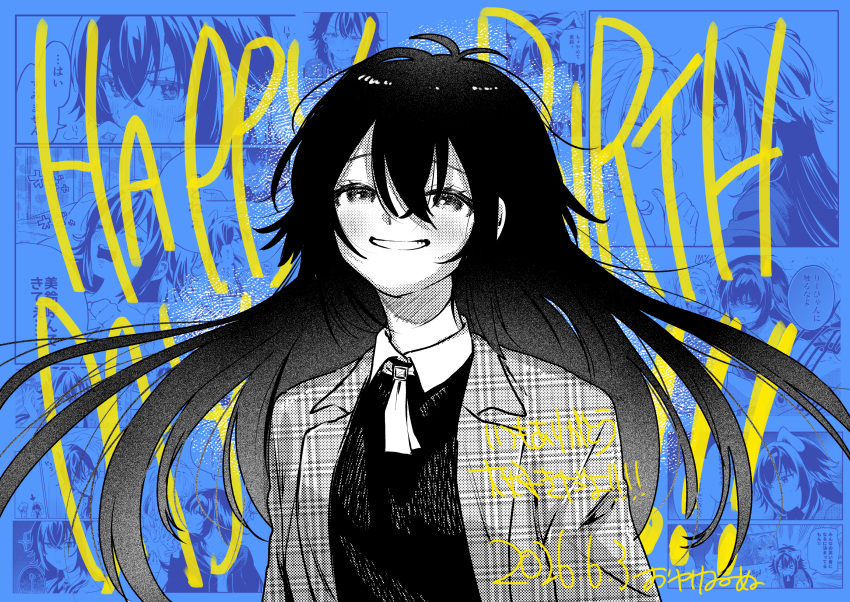 1girl absurdres antenna_hair artist_name blush coat commentary_request dated gakuen_idolmaster greyscale_with_colored_background hair_flaps happy_birthday highres idolmaster long_hair looking_at_viewer multiple_views o_yasa_inu shirt smile tsukimura_temari unmoving_pattern upper_body very_long_hair