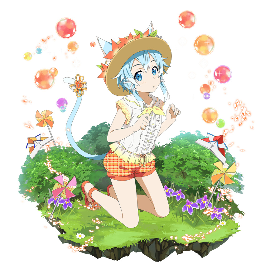 1girl :d alpha_transparency animal_ears blue_eyes blue_hair blue_sky cat_ears cat_tail cloud day dress_shirt faux_figurine flower full_body hair_ribbon hat hat_flower highres holding holding_wand kneeling leg_up looking_at_viewer neckerchief non-web_source official_art open_mouth orange_flower orange_ribbon orange_shorts outdoors outstretched_arms plaid plaid_shorts ribbon shirt short_hair_with_long_locks short_shorts short_sleeves shorts sidelocks sinon sinon_(sao-alo) sky smile solo standing standing_on_one_leg sun_hat sword_art_online sword_art_online:_memory_defrag tail tail_ornament tail_ribbon transparent_background wand white_ribbon white_shirt yellow_headwear yellow_neckerchief