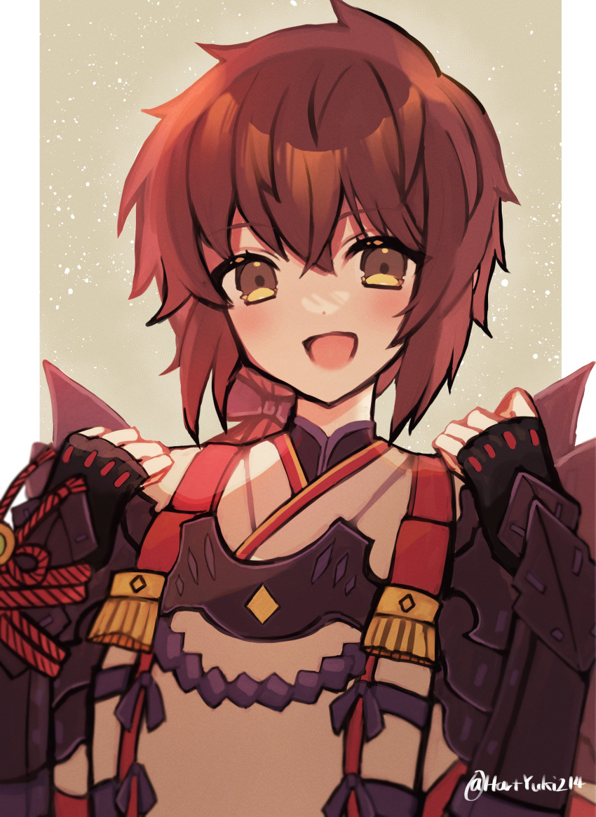 1girl :d absurdres armor artist_name bangs bow brown_background brown_bow brown_eyes brown_hair gauntlets hair_bow haruto_yuki highres japanese_armor long_hair looking_at_viewer lora_(xenoblade) open_mouth ponytail smile solo upper_body xenoblade_chronicles_(series) xenoblade_chronicles_2 xenoblade_chronicles_2:_torna_-_the_golden_country