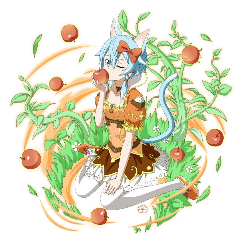 1girl animal_ears apple blue_eyes blue_hair bow breasts cat_ears cat_tail choker cleavage collarbone commentary_request food fruit full_body hair_between_eyes hair_bow hair_ribbon hand_on_lap highres holding holding_food holding_fruit kneeling looking_at_viewer non-web_source official_art one_eye_closed orange_shirt red_bow red_ribbon ribbon shirt short_hair_with_long_locks short_sleeves sidelocks simple_background sinon sinon_(sao-alo) skirt small_breasts solo sword_art_online sword_art_online:_memory_defrag tail thighhighs transparent_background white_thighhighs