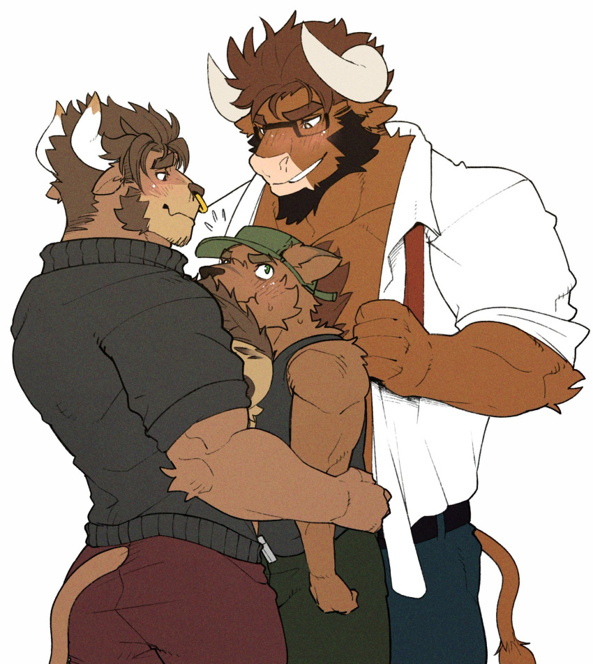 anthro blush body_hair bottomwear bovid bovine canid canine canis cattle chest_hair clothed clothing domestic_dog embarrassed embrace group hi_res hug male male/male mammal manwiched muscular muscular_male nervous omyurice pants shirt size_difference sweater tank_top topwear unbuttoned_shirt undressing