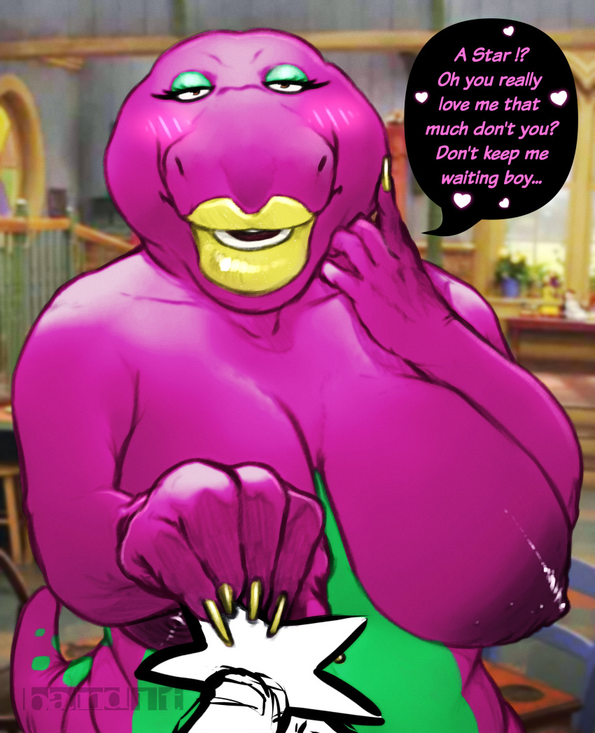 absurd_res anthro areola band1tnsfw barney_and_friends barney_the_dinosaur bedroom_eyes big_areola big_breasts blush blush_lines breasts building crossgender dark_areola dialogue digital_drawing_(artwork) digital_media_(artwork) dinosaur english_text eyelashes eyeshadow female grabbing_object green_eyeshadow green_spots hand_on_cheek hi_res house inside lips lipstick long_eyelashes long_nails makeup mature_anthro mature_female narrowed_eyes nude pinup portrait pose purple_body purple_scales reptile scales scalie seductive shaded solo speech_bubble spots text thick_lips thick_thighs yellow_lipstick