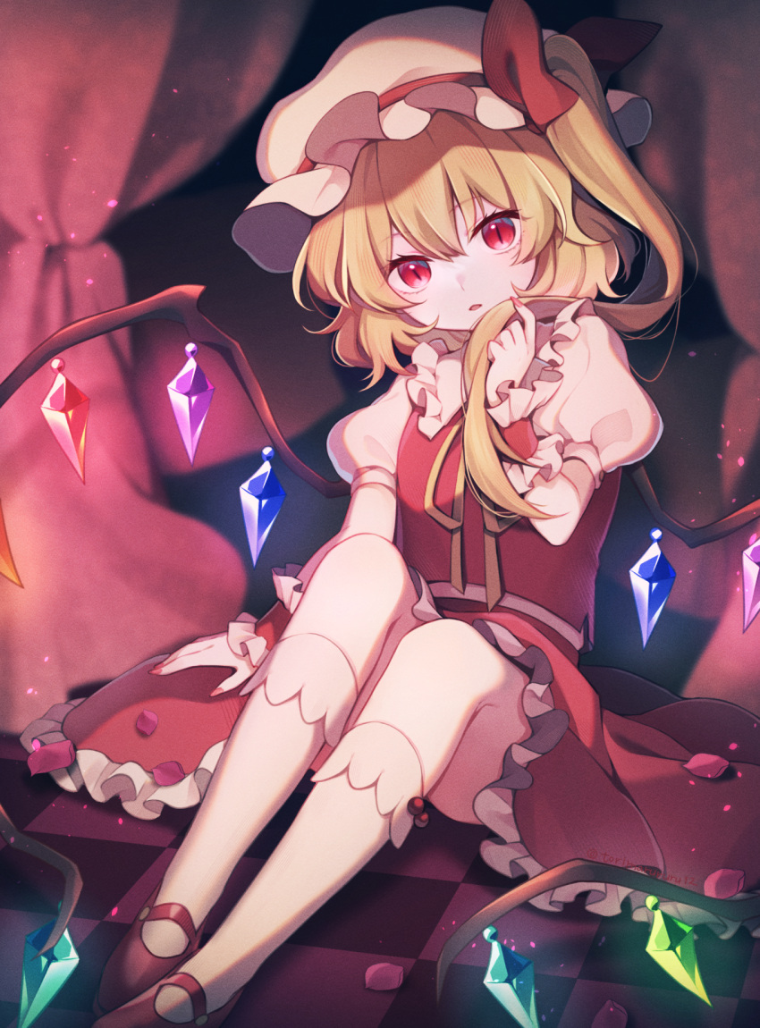 1girl arm_support bow checkered_floor collared_shirt commentary crystal curtains fingernails flandre_scarlet frilled_shirt_collar frilled_skirt frills full_body hair_between_eyes hat hat_bow highres kneehighs long_hair looking_at_viewer mary_janes mob_cap nail_polish neck_ribbon one_side_up parted_lips petals puffy_short_sleeves puffy_sleeves red_bow red_eyes red_footwear red_nails red_skirt red_vest ribbon shirt shoes short_sleeves sitting skirt skirt_set slit_pupils socks solo torimarururu touhou vest white_headwear white_shirt white_socks wings yellow_ribbon