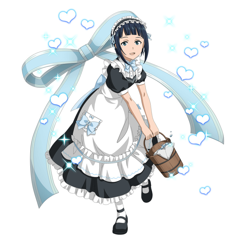 1girl apron black_hair blue_eyes bow bucket highres holding holding_bucket looking_at_viewer maid maid_apron maid_headdress medium_hair non-web_source official_art open_mouth sachi_(sao) solo sword_art_online sword_art_online:_memory_defrag transparent_background