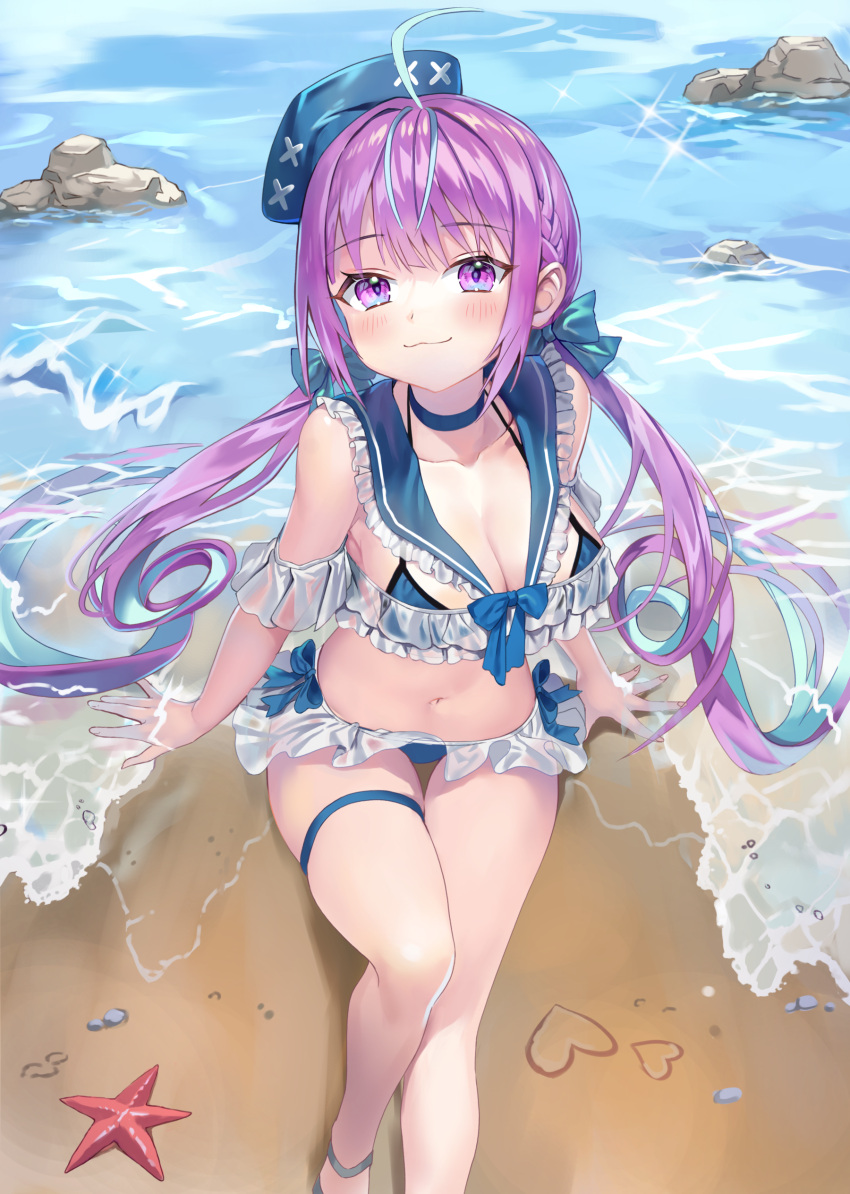 1girl :3 absurdres ahoge arm_support bare_legs bare_shoulders beach bikini bikini_skirt blue_bikini blue_bow blue_choker blue_hair blue_headwear blue_sailor_collar blush bow breasts choker cleavage closed_mouth collar day feet_out_of_frame frilled_bikini frilled_collar frilled_sailor_collar frills from_above gradient_eyes halterneck hat heart highres hololive knee_up long_hair looking_at_viewer looking_up medium_breasts minato_aqua multicolored_eyes multicolored_hair navel ocean outdoors posom purple_eyes purple_hair rock sailor_collar sailor_hat sand see-through sitting smile solo sparkle starfish stomach streaked_hair swimsuit thigh_strap thighs twintails two-tone_hair virtual_youtuber water