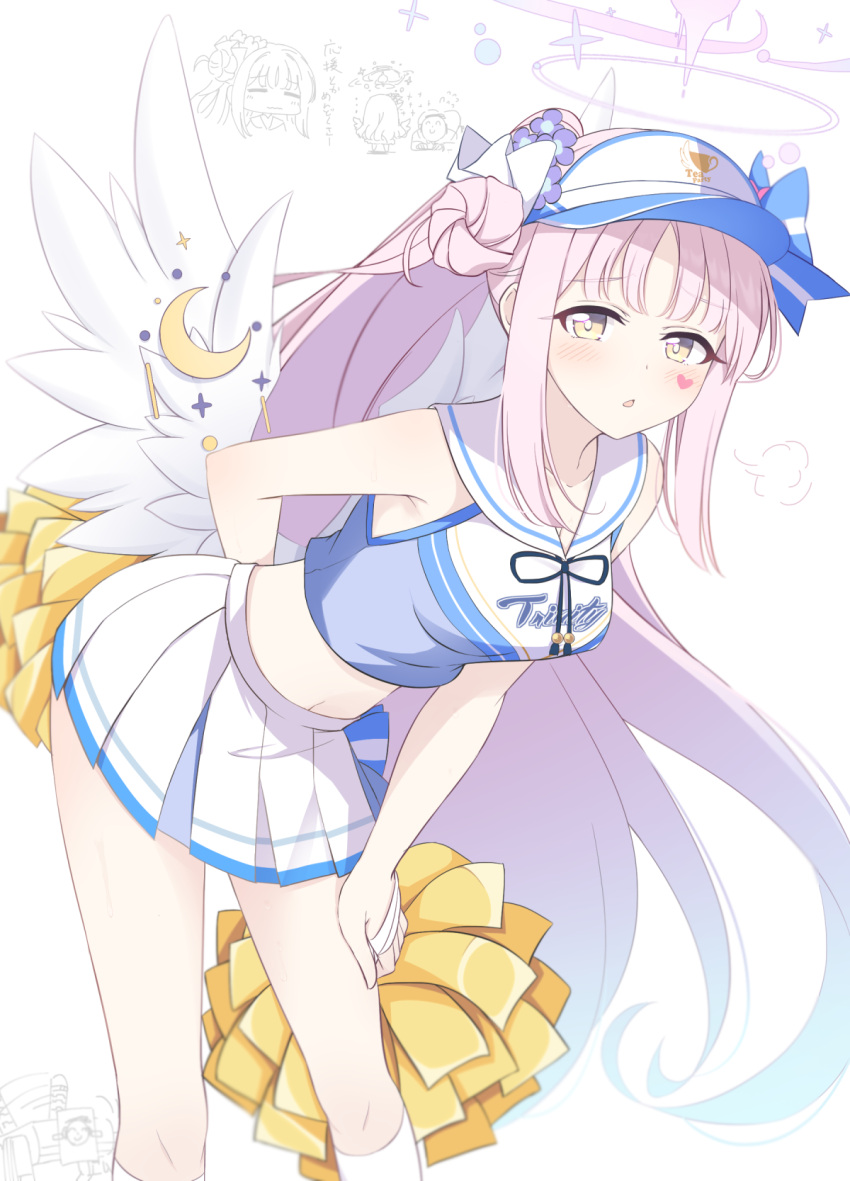 1boy 1girl alternate_costume angel_wings blue_archive blue_headwear blush breasts cheerleader commentary_request flower hair_bun hair_flower hair_ornament hair_scrunchie heart_stickers highres holding holding_pom_poms hoshino_ouka leaning_forward long_hair looking_at_viewer low_wings medium_breasts midriff mika_(blue_archive) pink_hair pleated_skirt pom_pom_(cheerleading) ponytail scrunchie sensei_(blue_archive) single_hair_bun skirt sleeveless solo_focus sticker_on_face translation_request visor_cap white_wings wings yellow_eyes