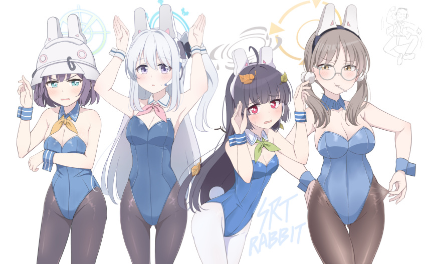 1boy 4girls adapted_costume animal_ears arms_up bare_arms bare_shoulders black_hair blue_archive blue_eyes blue_leotard blush bow bowtie breasts brown_eyes brown_hair bunny_pose candy cleavage cowboy_shot detached_collar eating fake_animal_ears food glasses hair_ornament hairclip halo hat headgear helmet highres hoshino_ouka large_breasts leaf leaf_on_head leotard lollipop long_hair looking_at_viewer medium_breasts miyako_(blue_archive) miyu_(blue_archive) moe_(blue_archive) multiple_girls one_side_up pantyhose playboy_bunny rabbit_ears rabbit_tail red_eyes saki_(blue_archive) sensei_(blue_archive) short_hair side_ponytail small_breasts strapless strapless_leotard tail twintails white_hair white_pantyhose wrist_cuffs