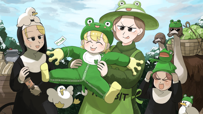 &gt;_&lt; 4girls :d ^_^ aged_down animal_costume animal_on_head apron bird bird_on_head blonde_hair blue_eyes brown_eyes brown_hair cabbage catholic chicken closed_eyes clumsy_nun_(diva) diva_(hyxpk) duck duck_on_head english_commentary frog_costume frog_hat froggy_nun's_mother_(diva) green_apron grumpy_nun_(diva) habit hat highres hungry_nun_(diva) little_nuns_(diva) mole mole_under_eye multiple_girls nun on_head ostrich smile tongue tongue_out
