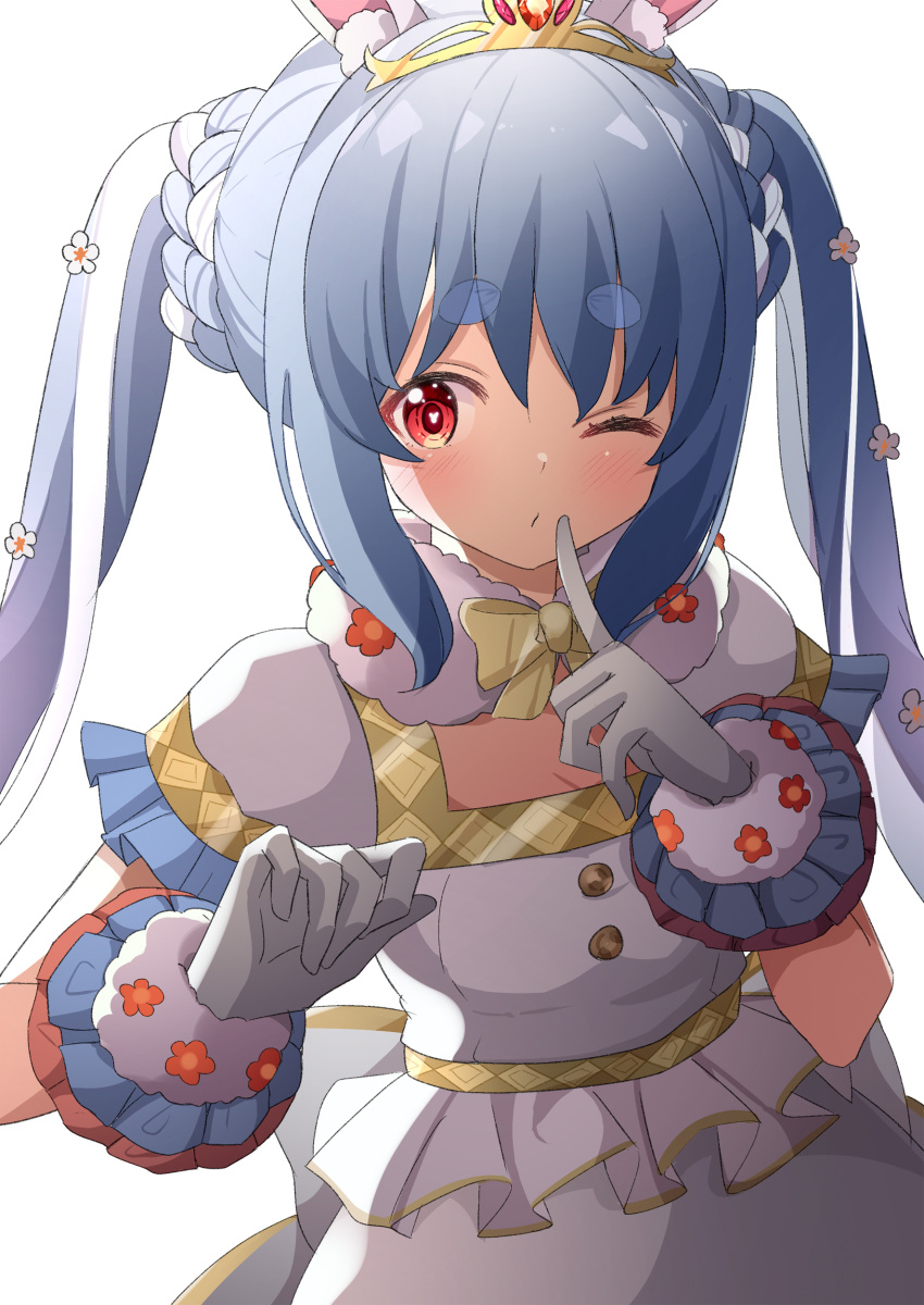 1girl absurdres ame. animal_ear_fluff animal_ears bangs blue_hair blush braid bunny-shaped_pupils closed_mouth commentary_request dress frilled_sleeves frills gloves grey_gloves hair_between_eyes hands_up highres hololive index_finger_raised long_hair looking_at_viewer multicolored_hair one_eye_closed rabbit_ears red_eyes short_eyebrows short_sleeves simple_background solo symbol-shaped_pupils thick_eyebrows tiara twintails two-tone_hair upper_body usada_pekora very_long_hair virtual_youtuber white_background white_dress white_hair