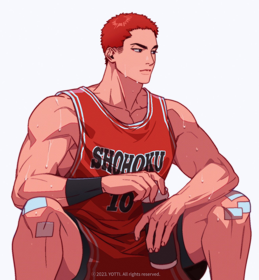 1boy artist_name bandaid bandaid_on_knee bandaid_on_leg bare_shoulders basketball_jersey basketball_uniform biceps black_eyes black_wristband bottle closed_mouth collarbone commentary_request dated expressionless feet_out_of_frame highres holding holding_bottle korean_commentary looking_away male_focus red_hair red_shirt red_shorts sakuragi_hanamichi shirt short_hair shorts simple_background sitting slam_dunk_(series) sleeveless sleeveless_shirt solo sportswear sweat water_bottle watermark white_background wristband yotti