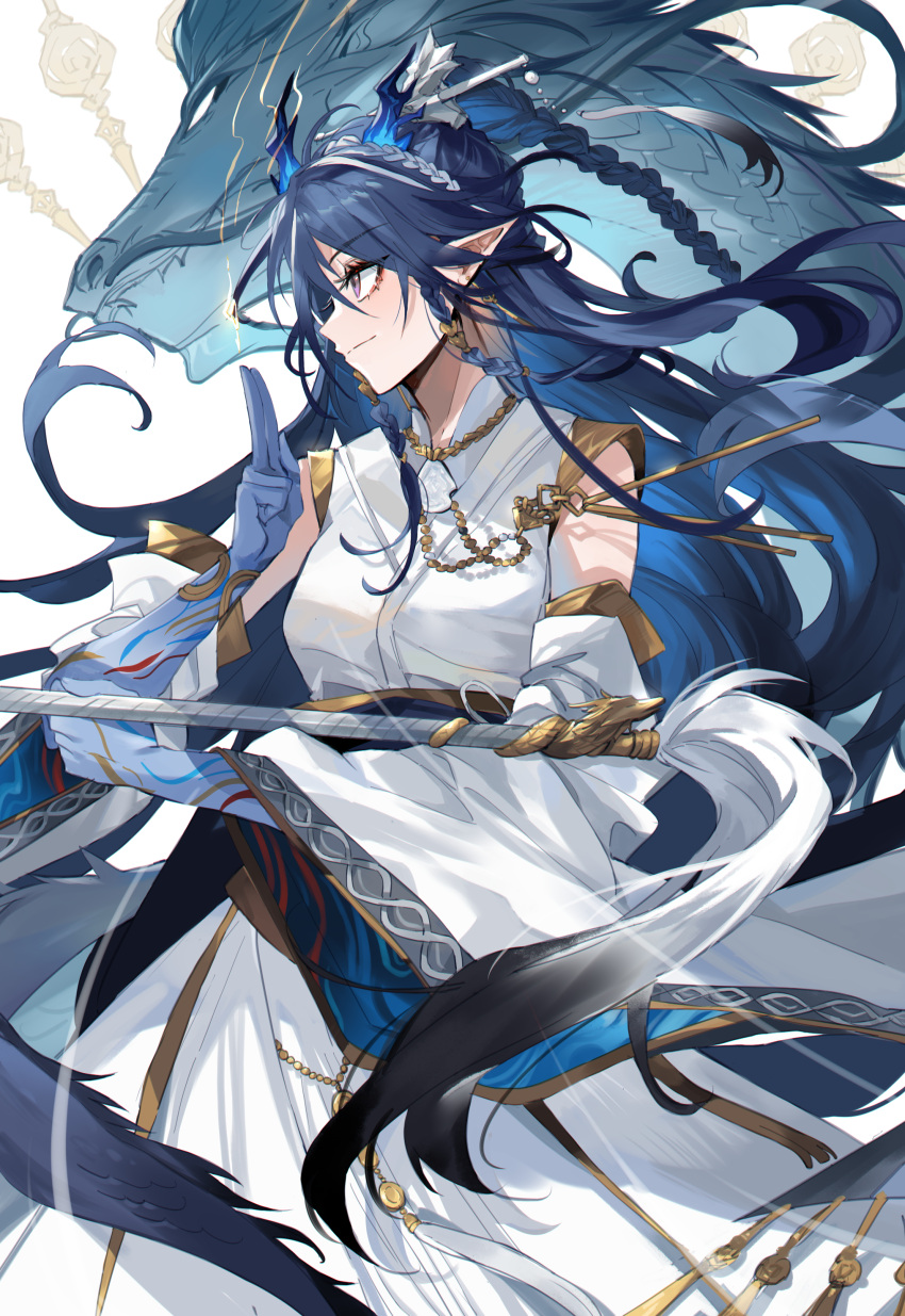 1girl absurdres arknights bangs blue_hair blue_skin braid breasts colored_skin detached_sleeves dragon dragon_girl dragon_horns dress eastern_dragon gold_necklace gold_trim highres holding holding_staff horns jewelry ling_(arknights) long_hair medium_breasts meng_ziya multicolored_hair necklace official_alternate_costume pointy_ears purple_eyes staff streaked_hair twin_braids white_dress