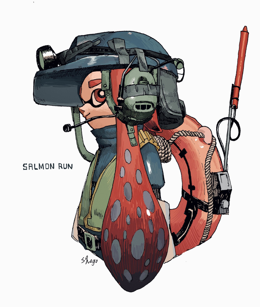 1girl artist_name belt blue_headwear blue_jumpsuit bright_pupils closed_mouth commentary elbow_gloves english_text from_side gloves green_vest headlamp headphones helmet highres inkling inkling_girl jumpsuit lifebuoy long_hair looking_to_the_side radio_antenna red_eyes red_hair rope salmon_run_(splatoon) shogo_(shogo70449442) signature simple_background solo splatoon_(series) splatoon_3 tape tentacle_hair tentacles upper_body vest white_background white_gloves white_pupils yellow_trim