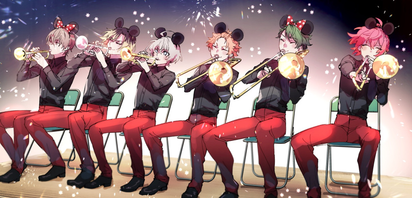 6+boys bangs_pinned_back blonde_hair blue_eyes brown_hair closed_eyes green_hair grey_hair highres holding holding_instrument iizuka_minato instrument kiyoshima_osei mckrs mickey_mouse_ears minnie_mouse_ears minoike_junta mukai_toki multicolored_hair multiple_boys music orange_hair pink_hair playing_instrument short_hair tobaya_kuri trombone trumpet wind_boys! yoneya_akane