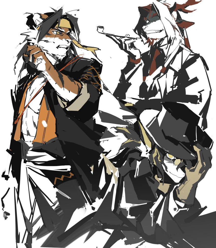 3boys arknights chinese_commentary dragon_boy dragon_horns fish_boy furry furry_male furry_with_furry highres holding holding_smoking_pipe horns huai_tianpei_(arknights) lee_(arknights) long_hair male_focus multiple_boys one_eye_covered round_eyewear smoking_pipe tatakaihongsezhandoumoshi tiger_boy wei_yenwu_(arknights) white_background