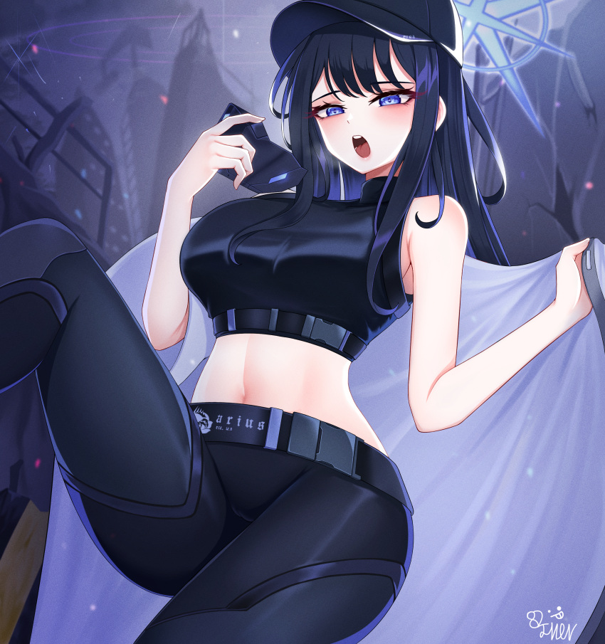 1girl 82jhin absurdres bangs bare_arms bare_shoulders baseball_cap belt black_belt black_headwear black_pants black_shirt blue_archive blue_eyes blue_hair blush breasts commentary_request crop_top hand_up hat highres knee_up large_breasts leggings long_hair looking_at_viewer mask mask_removed midriff navel open_mouth pants saori_(blue_archive) shirt sidelocks sleeveless sleeveless_shirt solo standing standing_on_one_leg stomach thighs