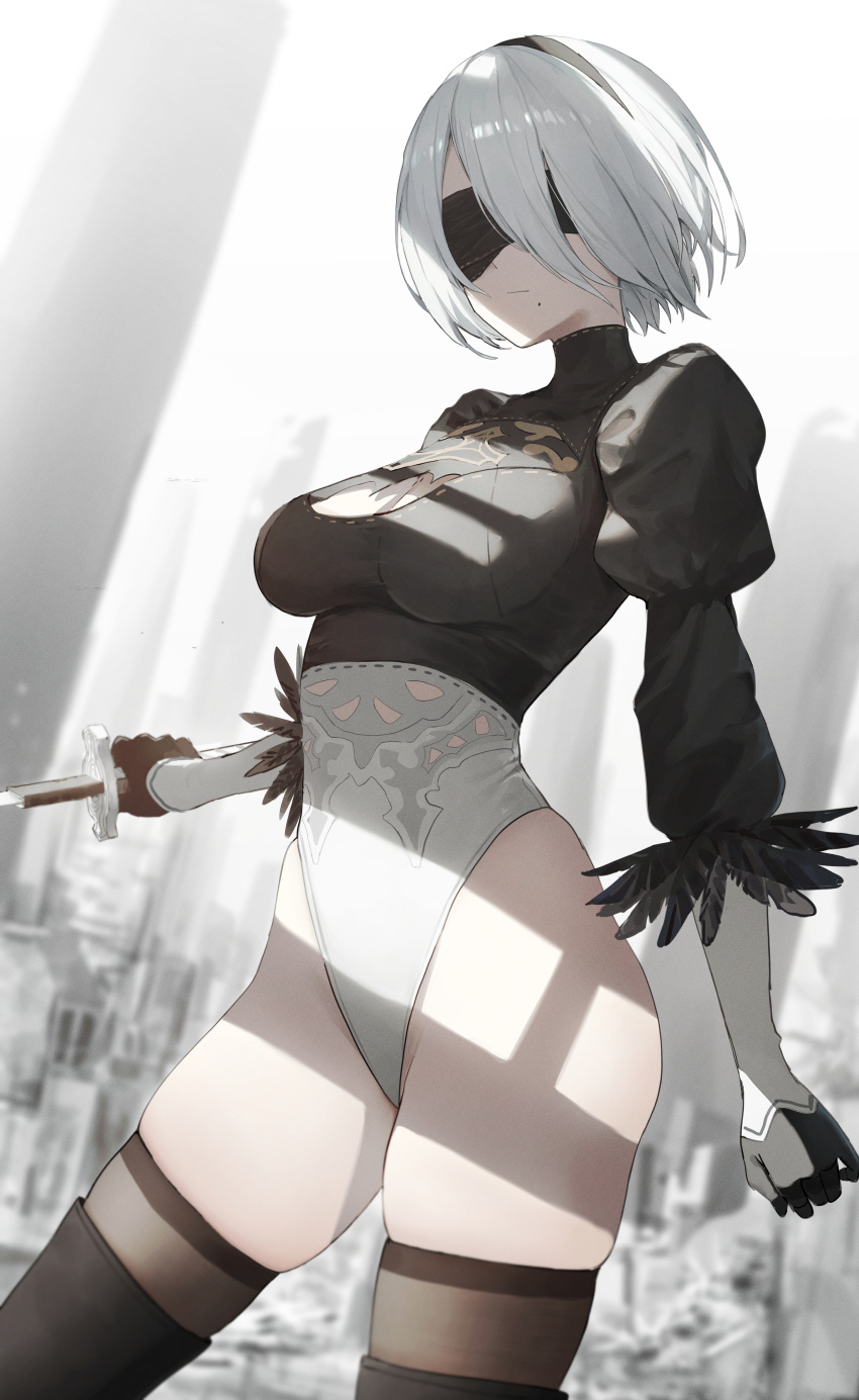 1girl absurdres black_blindfold black_thighhighs blindfold breasts closed_mouth cowboy_shot feather-trimmed_sleeves highleg highleg_leotard highres juliet_sleeves leotard long_sleeves medium_breasts mole mole_under_mouth pigone puffy_sleeves short_hair solo thighhighs thighs white_hair yorha_no._2_type_b