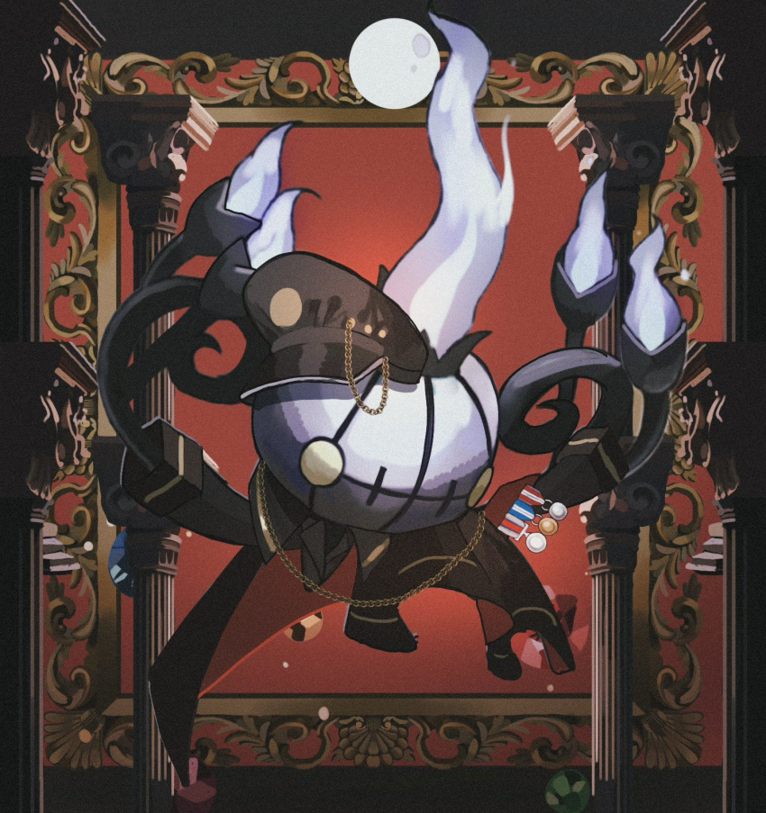 black_coat chandelier chandelure clothed_pokemon coat commentary_request cosplay fire hat highres ingo_(pokemon) ingo_(pokemon)_(cosplay) medal no_humans peaked_cap pillar pokemon pokemon_(creature) pokemon_black_and_white pokemon_focus purple_fire reo_(mmocc123) yellow_eyes